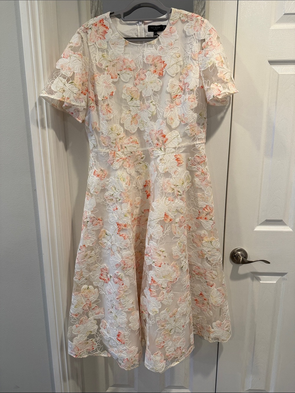 Ted Baker London Ivory Floral Lace Fit-and-Flare Dress with Peach Accents